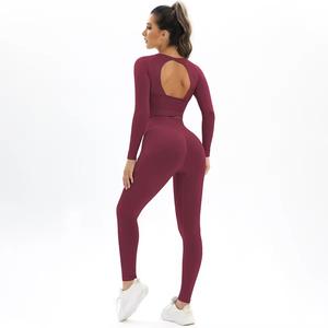 Ensemble haut court sans couture à manches longues et leggings de yoga taille haute pour femme – Tenue de sport respirante pour fitness et entraînement - Product Image 5