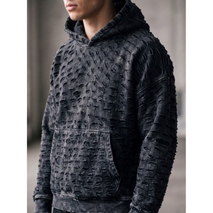 Mens Distressed <b>Washed</b> Hoodie Oversized Ripped Pullover Hooded Sweatshirt Vintage Streetwear Heavyweight Cotton Custom Logo OEM - Product Image 3