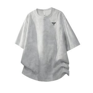Camiseta de manga corta para hombre, oversize, 100% algodón, con lavado ácido, cuello redondo, estilo hip hop, casual, streetwear, con detalle de costura de paneles, venta al por mayor - Product Image 3