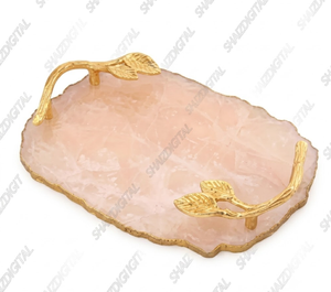 Plateau de service de luxe en résine de quartz rose, plateau décoratif irrégulier avec poignées en feuille d'or pour table basse et réceptions à domicile - Product Image 1