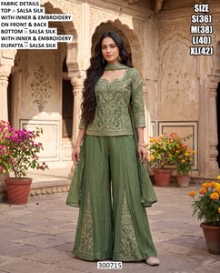 Traje Salwar de seda gris bordado para mujer con pantalones Palazzo y Dupatta, ropa tradicional india y pakistaní para bodas - Product Image 4