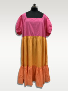 Color Block Midi <b>Dress</b> Square Neck Puff <b>Sleeve</b> Loose Fit Ruffle Hem Casual <b>Summer</b> Style Woven Polyester <b>Dress</b> - Product Image 1