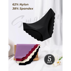 Lot de 5 culottes taille mi-haute respirantes sans coutures pour femme, noires unies, en Spandex/Polyester, style basique, avec volants et taille tricotée - Product Image 2