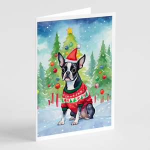 Whimsical Boston Terrier Tarjetas de felicitación de Navidad Paquete de 8 A7 Tamaño 5x7 Tarjetas de notas en blanco con sobres - Product Image 1