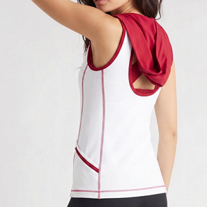 Women's White <b>Red</b> Hooded Sleeveless Vest With Pockets Sporty Hood Tank <b>Top</b> Knitted 100% Fleece Workout Wear Sleeveless Hoodie - Product Image 2