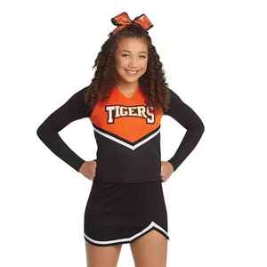 Vente en gros : Nouveauté – Robe sans manches pour petites filles, costume de pom-pom girl avec jupe, uniformes de cheerleading personnalisés à bordure dorée - Product Image 5