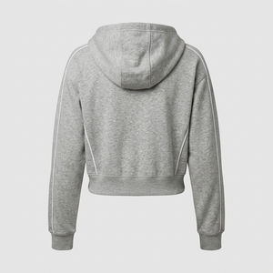 Sweat à capuche court gris pour femme, manches longues, cordon de serrage, imprimé lettres, en molleton 100% coton, qualité supérieure, collection automne - Product Image 2