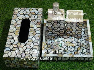 Ensemble de salle de bain de luxe traditionnel blanc nacre incrustation avec mosaïque d'os détaillant 4 pièces Vanity Organizer Collection - Product Image 3