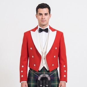 Chaqueta Roja Prince Charlie para Hombre con Solapas Blancas y Botones Plateados, Traje Escocés Formal - Product Image 1