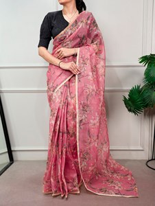 Sari Ligero Kota Doria con Estampado Floral y Blusa Bordada Lucknowi de Algodón Cosido, Elegante Traje Étnico Tradicional para Mujer - Product Image 6