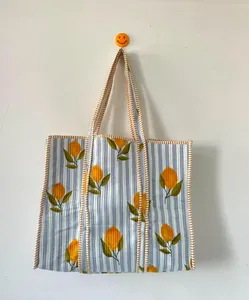 Bolsa de Mano de Algodón a Rayas Azul Cielo Premium con Estampado de Limones, Estilo Bohemio, Casual de Verano, Bolsa de Compras Abierta para Mujer - Product Image 1