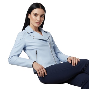 Veste de motard en cuir bleu clair moderne pour femmes, mode quotidienne, design personnalisé, vente en gros en vrac, prix d'usine, style moto authentique - Product Image 1