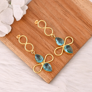 Boucles d'oreilles pendantes en laiton plaqué or avec topaze bleue hydrogénée, bijoux faits à la main, tendance - Product Image 3