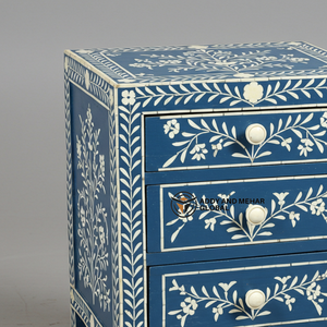 Premium Modern Eco-Friendly <b>Blue</b> Bone Inlay <b>Bedside</b> <b>Table</b> with 2 Drawers Handmade Floral Inlay Nightstand Cabinet - Product Image 4
