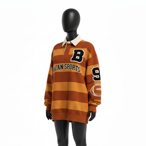 Chemise de rugby pour femme en jersey de coton lourd 280 GSM, marron, avec panneau rayé moutarde et logo brodé - Product Image 4