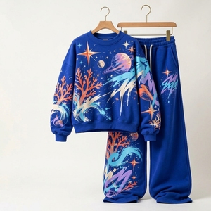 Conjunto Deportivo Gráfico Azul Rey para Mujer, Sudadera Oversize y Pantalones Anchos, Estilo Urbano Casual de Dos Piezas - Product Image 2