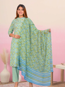 Kurta, pantalon et dupatta en coton brodé à motifs floraux, couleur verte, tenue ethnique élégante, vêtements traditionnels pour femmes, confortables - Product Image 5