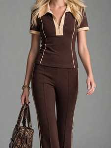 Ensemble deux pièces pour femme, col polo zippé à manches courtes, pantalon long à blocs de couleur marron, survêtement - Product Image 5