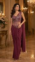 Sari en soie bordeaux avec broderie lourde de miroirs et broche, style Bollywood pour femme, idéal pour mariage