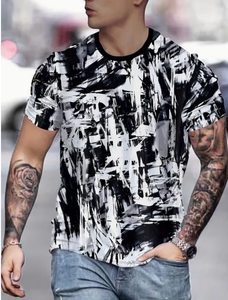 Men s Black White Abstract Print Short Sleeve T-Shirt O-Neck Slim Fit Casual Knitted Breathable Design Soft Fabric T Shirt <b>Light</b> - Product Image 6