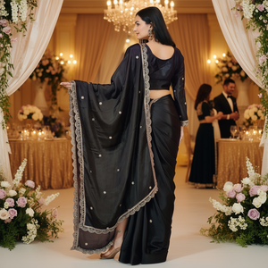 Sari de satén negro bordado para fiestas con blusa para eventos de cóctel - Product Image 3