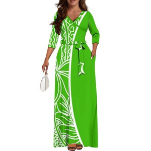 Hawaiian Island Print Pacific Summer Women Casual Boho 100% Cotton Maxi Sashes Belts V-Neck 3/4 Sleeve <b>Plus</b> <b>Size</b> Samoan <b>Dress</b> - Product Image 1