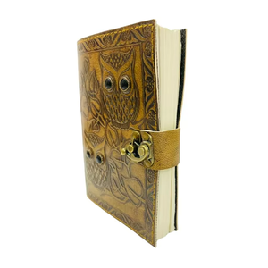 Cuaderno de bocetos vintage de 200 páginas, 7x5, con hojas plegables, borde deshilachado, diario de cuero con grabado de búho, tapa dura de piedra negra - Product Image 2