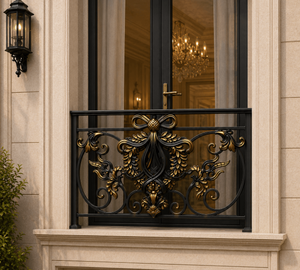 Barandilla de Balcón Europea de Hierro Forjado y Aluminio, Panel Decorativo Negro y Dorado con Volteos, para Exteriores - Product Image 5