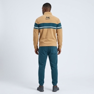 <b>Mens</b> Hooded Fleece Tracksuit <b>Set</b> Tan & Teal Solid Full Zip Jacket with Jogger Pants <b>2</b> <b>Piece</b> Sportswear 100% Cotton Breathable - Product Image 2