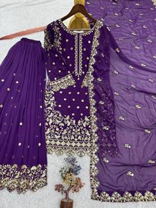 Conjunto de Salwar Kameez Morado Bordado para Mujer, Kurti Étnico, Palazzo, Dupatta, Traje para Boda o Fiesta - Product Image 5