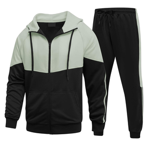 Survêtement en molleton respirant pour homme, sweat à capuche zippé intégral noir et vert menthe, vêtement décontracté en polyester et coton, coupe classique pour l'hiver - Product Image 1