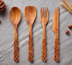 Wooden Flatware Set With Braided Handles Matte Finish Traditional Design Eco Friendly Cutlery For <b>Camping</b> <b>Kitchen</b> Use And Hotel - Product Image 1