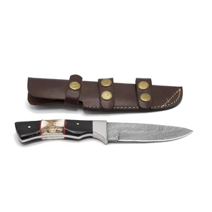 Cuchillo de Caza de Acero de Damasco Hecho a Mano Personalizado, Hoja Recta con Punta Caída y Mango de Asta de Ciervo, Funda de Cuero OEM - Product Image 5