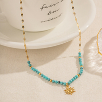 Collier chaîne populaire style bohème plaqué or 18 carats avec pendentif soleil ovale en turquoise et perles pour filles