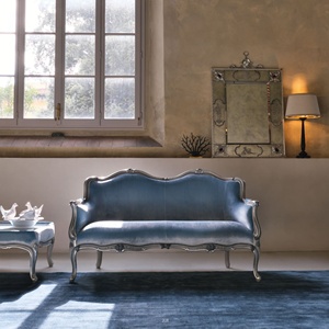 Juego de Sofás de Madera de Teca Sólida de Lujo, 6 Plazas, Terciopelo Azul Hielo, Sofá Tallado Estilo Luis XV Francés, Mesa de Centro con Hojas Plateadas, Muebles para Sala de Estar - Product Image 2