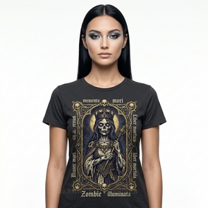 Camiseta Gráfica Personalizada Memento Mori para Mujer, Estampado Zombie Illuminata, Detalle en Lámina Dorada, Estilo Top de Algodón, Ropa con Estética Gótica - Product Image 1