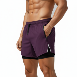 กางเกงกีฬาขาสั้นผู้ชาย 2 in 1 ชั้นในรัดรูป ซิปข้าง กระเป๋าข้าง เอวยางยืด รับผลิตตามแบบ OEM ขายส่ง - Product Image 3