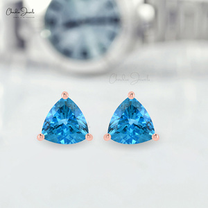 Chordia Jewels 14K Solid Rose Gold Swiss <b>Blue</b> Topaz <b>Studs</b> Push Back <b>Earrings</b> 4MM Trillion Cut Gemstone <b>Earrings</b> Jewelry for her - Product Image 1