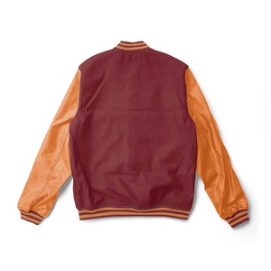 Veste universitaire pour homme en cuir PU, couleur marron orangé, manches en cuir PU, col rabattu, coupe classique, fermeture à boutons, style décontracté pour l'automne - Product Image 4