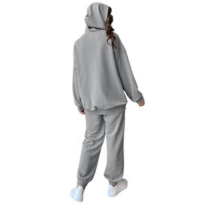 Conjunto Deportivo de 2 Piezas para Mujer, Sudadera con Capucha y Pantalones Deportivos en Gris Jaspeado, Mezcla de Algodón y Felpa, Ropa Casual para Estar en Casa, Fabricante Personalizado OEM - Product Image 2