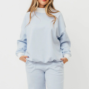 Sudadera de Mujer, Azul Claro, Cuello Redondo, Holgada, Manga Larga, Tejida en Algodón, Color Sólido, con Bolsillos, para Otoño - Product Image 1