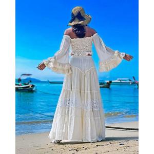 Ensemble deux pièces bohème pour femme, haut court en coton blanc, jupe longue évasée, épaules dénudées, manches longues, vêtements de plage naturels lavables - Product Image 4