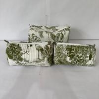 Ensemble de trousses de maquillage en coton matelassé imprimé toile verte, pliables, durables, écologiques, avec fermeture éclair et poignée souple, pour les voyages