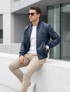 Chaqueta de Cuero Estilo Bomber para Hombre, Color Azul Marino, Cuello Alto, Cierre de Cremallera, Estilo Motociclista, Corte Regular, para Otoño - Product Image 2