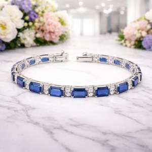 Pulsera de San Valentín con zafiro natural de 8,80 quilates, piedra preciosa azul con corte esmeralda, regalo de lujo para mujer, tamaño ajustable - Product Image 1