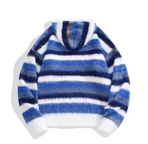 Cardigan à rayures d'hiver avec capuche, logo personnalisé, en mohair, fermeture éclair intégrale, pull en tricot surdimensionné pour homme - Product Image 4