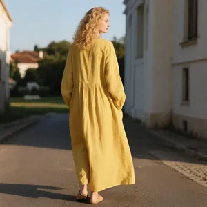 Robe longue bohème en coton pour femme, coupe ample, manches longues, couleur unie, taille froncée, décontractée - Product Image 2