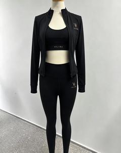 Black Solid <b>Yoga</b> Set Zip-Up <b>Jacket</b> Sports Bra Leggings Activewear 2-Piece Tracksuit for Women Gym Training - Product Image 1