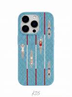 Étui de téléphone brodé à la main avec perles, thème ange, rayures bleues et blanches, forme rectangulaire, base textile, B H CRAFTS