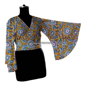 Nueva Colección de Verano 2026, Top Corto de Algodón con Lazos, Ropa para Mujer, Mangas Campana, Estampado Floral Hecho a Mano, Top para Fiesta en la Playa - Product Image 4